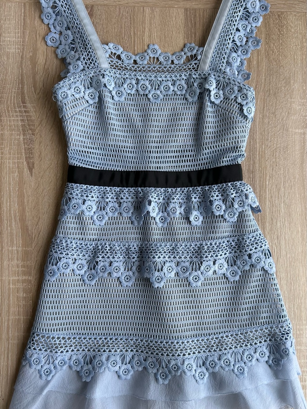 Self-Portrait Light Blue Crochet Mini Dress with Black Waistband